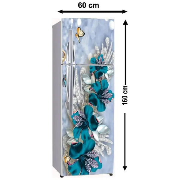 Fridge Stickers & Wall Stickers, Beautiful Fridge Decorative Sticker Wallpaper Poster (PVC Vinyl) Large (Puppy Blue Flower), Self-Adhesive | 60x160 Cm