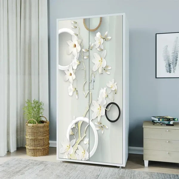 Self Adhesive Almirah Stickers, Wall Stickers, Decorative Sticker Wallpaper For Home Wardrobe Doors (White Jasmine Almirah) PVC Vinyl Size Large | 39 X84 Inch